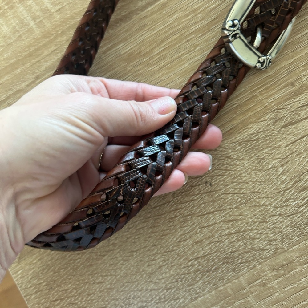 Vintage Woven vertebrae silver brass women’s Brown real Leather Belt L - Picture 2 of 11